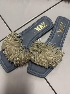 Zara Powder Blue Pearl-Fringe Slide Mules